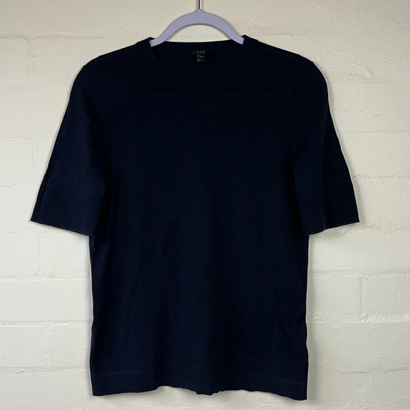 Cos Sweater sz Small Navy Blue 3/4 sleeve pullover contrast hem Cotton Silk Mix - Picture 3 of 10